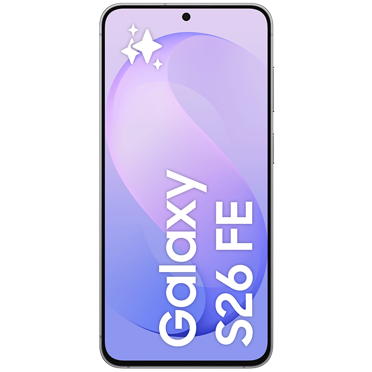 Samsung Galaxy S26 FE smartphone framifrån med lila skärm och texten Galaxy S26 FE visad på displayen.