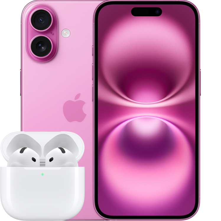 Rosa iPhone 16 visad fram- och bakifrån med dubbla kameror, tillsammans med vita AirPods i öppet laddningsfodral.