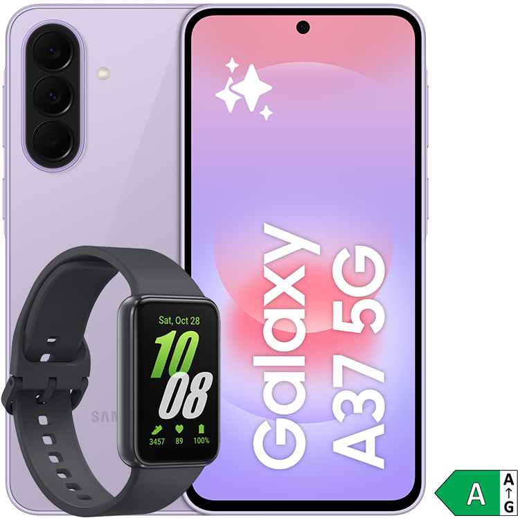 Lila Samsung Galaxy A37 5G-smartphone med trippelkamera på baksidan och skärm med selfiekamera på framsidan bredvid en svart Galaxy Fit3 Watch