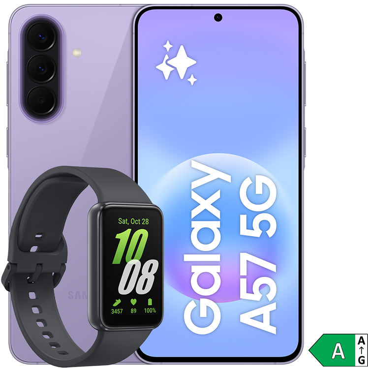 Lila Samsung Galaxy A57 med Galaxy Fit3 och bild på energiklass A i hörnet