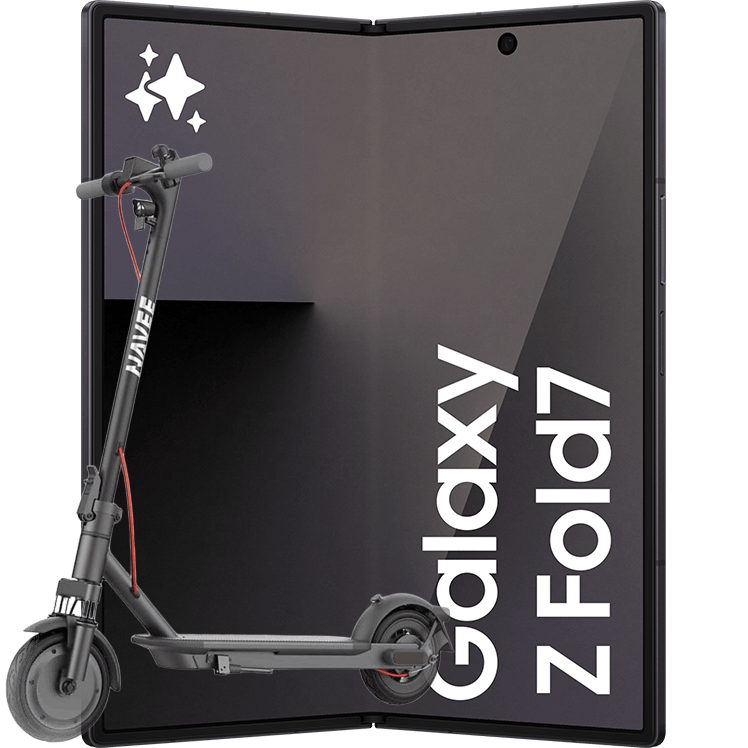 En svart elsparkcykel framför en Samsung Galaxy Z Fold7 med vikbar skärm.