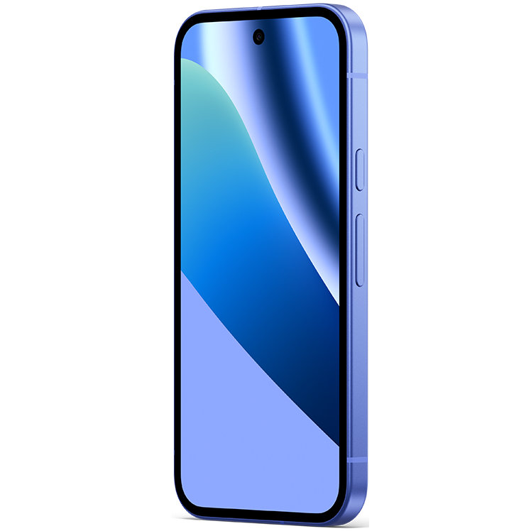 Framsida i perspektiv på lila Google Pixel 10a