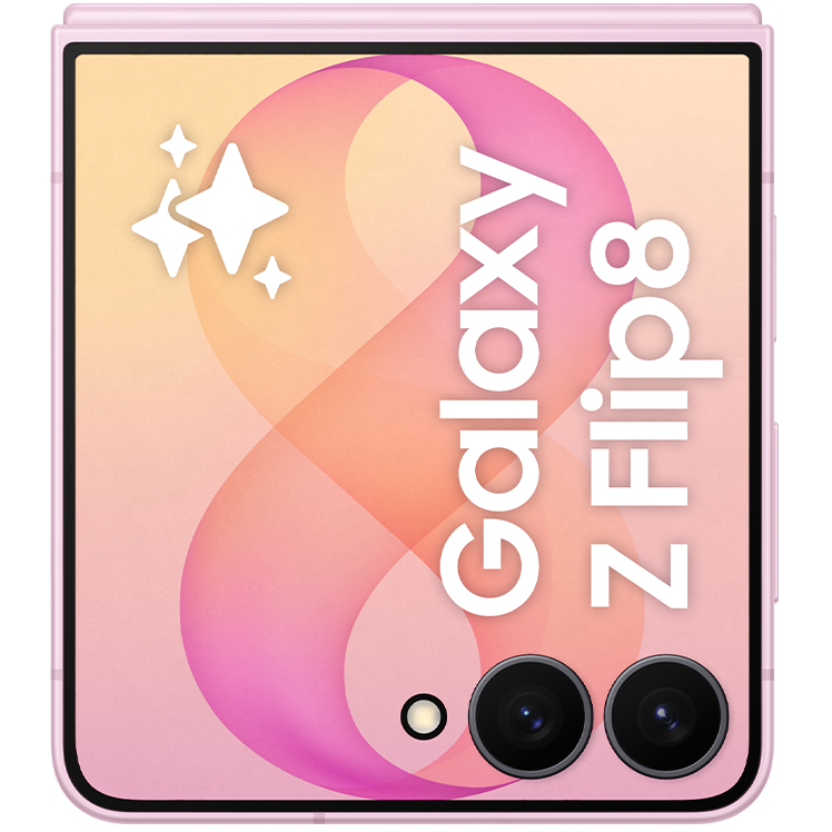 Samsung Galaxy Z Flip6 i rosa med omslagsskärm som visar en rosa-orange design med texten Galaxy Z Flip8.
