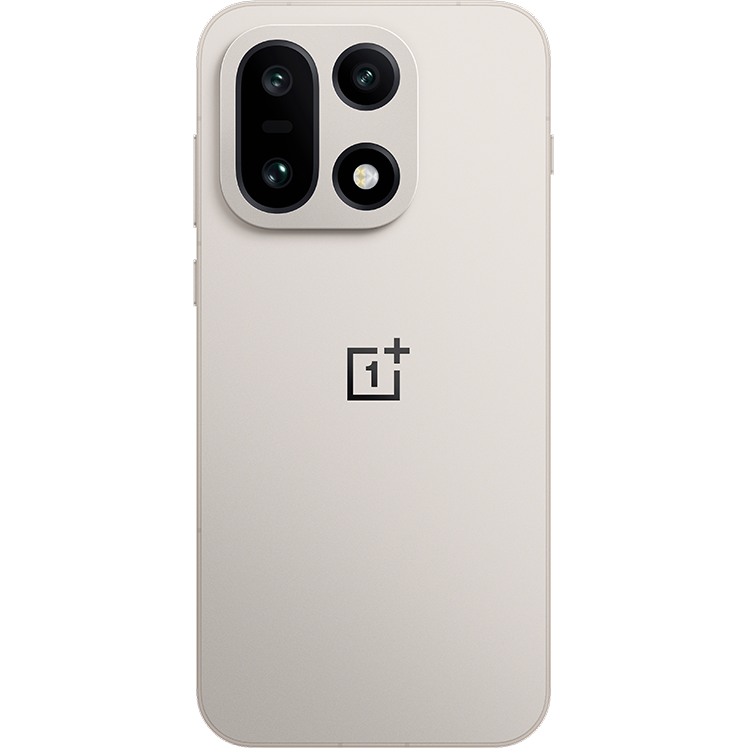 Ljusgrå OnePlus-smartphone med fyra kameror i ett kvadratiskt modulhölje på baksidan och företagets logotyp i mitten.