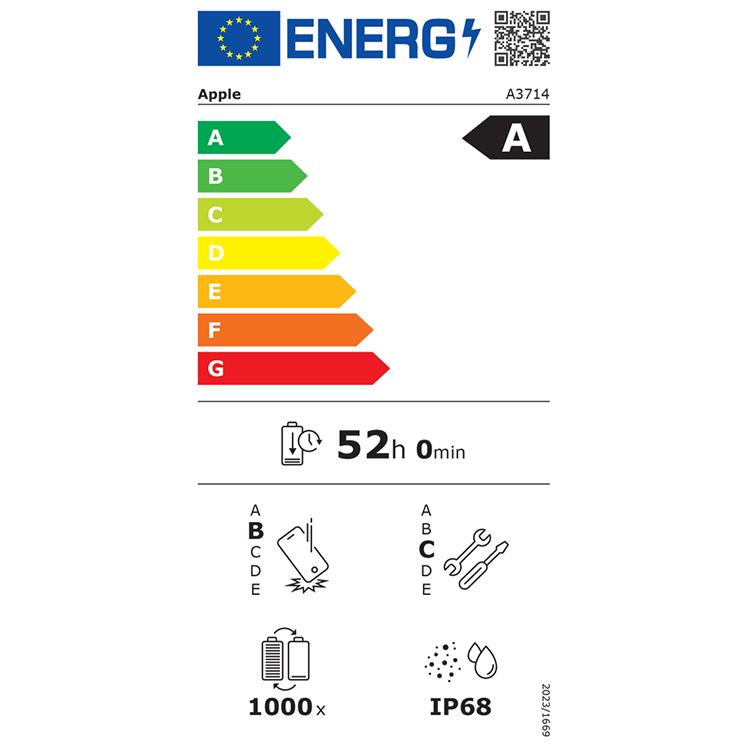EU-energimärkning för Apple A3714 med klass A, laddningstid 52h, 1000 laddcykler och IP68-klassning.