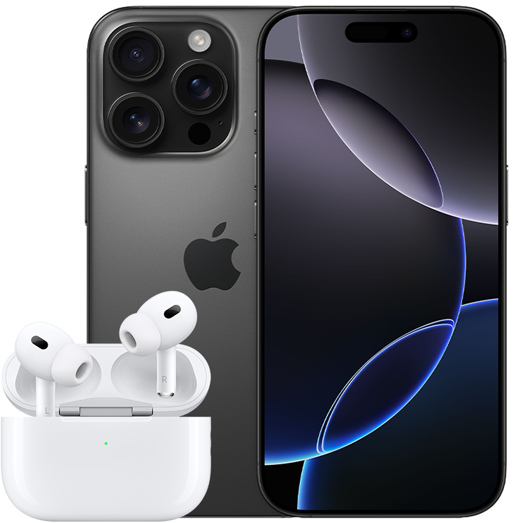 iPhone 16 Pro i färgen svart titan med trippelkamera och AirPods Pro 2 i öppet laddningsfodral framför mobilen.