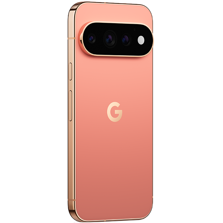 Google Pixel 11 Pro sedd bakifrån i rosa färg med guldkanter, trippelkamera och Google-logotyp.