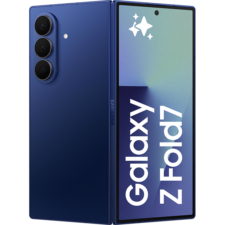 Samsung Galaxy Z Fold7 i blått, visad i halvt öppet läge med framskärmen påslagen och baksidan synlig.