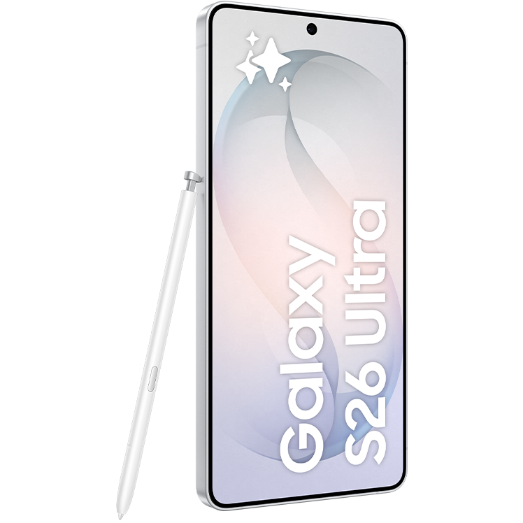Samsung Galaxy S26 Ultra-smartphone med S Pen-penna bredvid. Skärmen visar en mjuk gradient i ljusgrått och rosa.