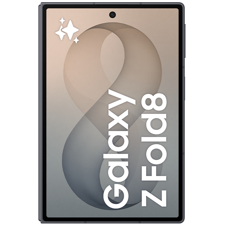 Samsung Galaxy Z Fold8 sedd framifrån med mjukt grå och beige bakgrund och vit text på skärmen.
