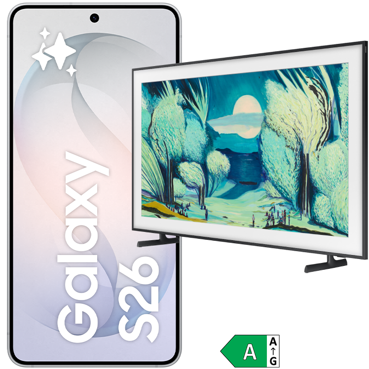 Samsung Galaxy S26 smartphone i vit bredvid en Samsung The Frame TV med konstmotiv och energimärkning A.