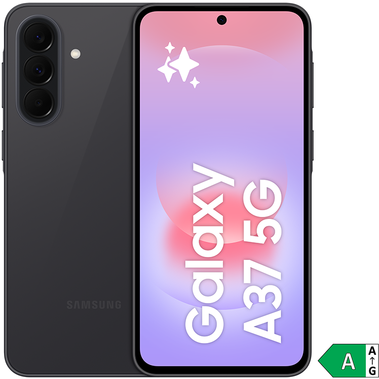 Svart Samsung Galaxy A37 5G-smartphone med trippelkamera på baksidan och skärm med selfiekamera på framsidan. Energimärkning A.