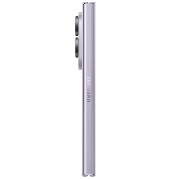 Samsung smartphone i mörkgrå färg sedd från sidan, med dubbelkamera synlig på baksidan.