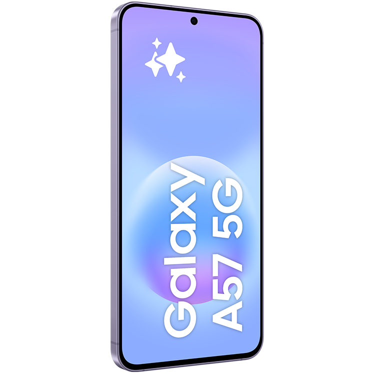 En Samsung Galaxy A57 5G-smartphone visad från sidan med ljusblå skärm som visar produktnamnet och gnistrande stjärnor.