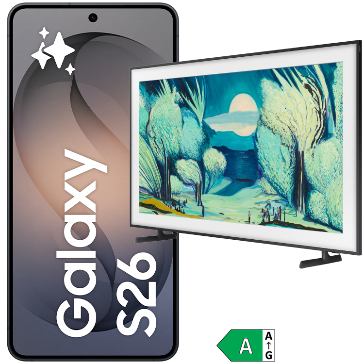 Samsung Galaxy S26+ smartphone i svart bredvid en Samsung The Frame TV med konstmotiv och energimärkning A.