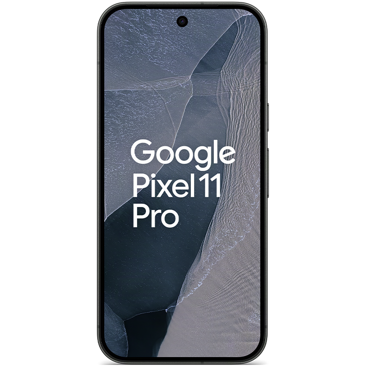 Google Pixel 11 Pro smartphone framifrån med mörkgrå skärmbakgrund och svart ram, texten "Google Pixel 11 Pro" visas på skärmen.