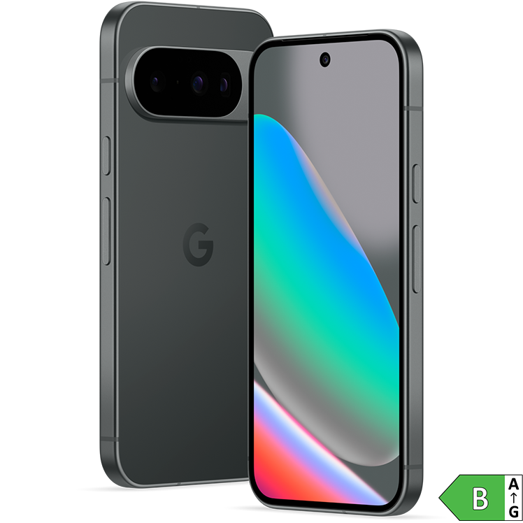 Svart Google Pixel-telefon med färgglad skärm som visar mjuka pastellfärger och en energimärkning B i grönt.