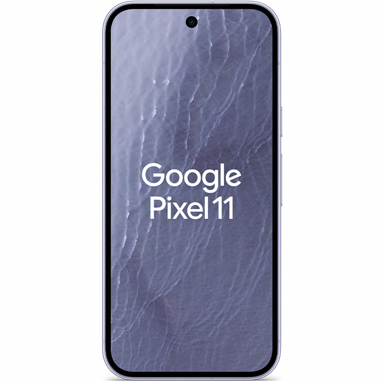 Google Pixel 11 smartphone framifrån med blå skärm som visar texten "Google Pixel 11" i vitt.
