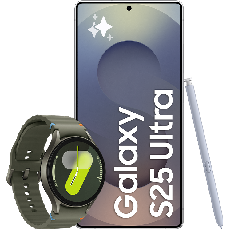 Ljusblå Samsung Galaxy S25 Ultra med text på skärmen, visad tillsammans med en pekpenna och grön Samsung Galaxy Watch7 med rund urtavla.