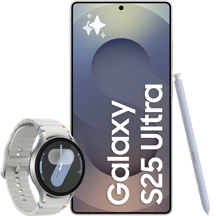 Ljusblå Samsung Galaxy S25 Ultra med text på skärmen, visad tillsammans med en pekpenna och silverfärgad Samsung Galaxy Watch7 med rund urtavla.