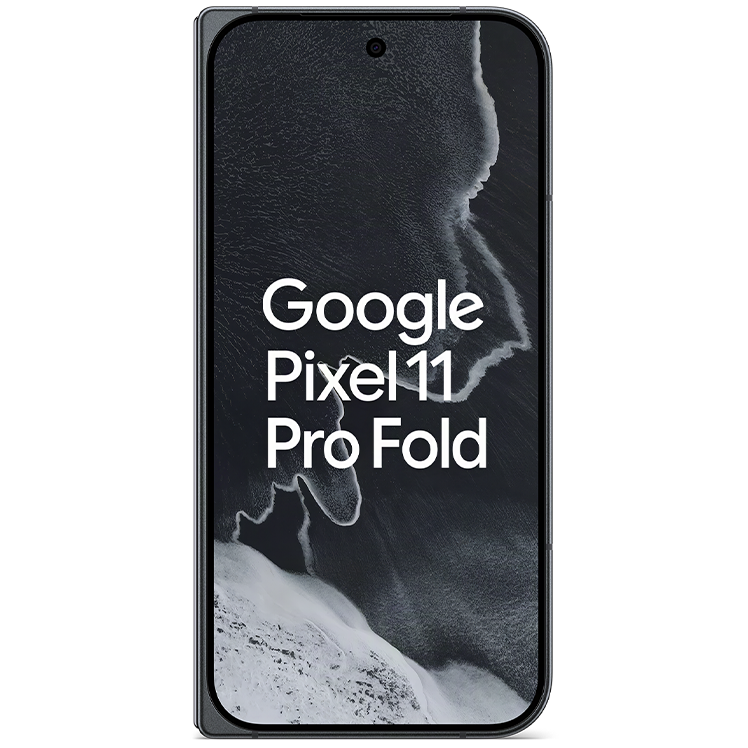 Google Pixel 11 Pro Fold visad framifrån med mörk skärm och texten Google Pixel 11 Pro Fold synlig.
