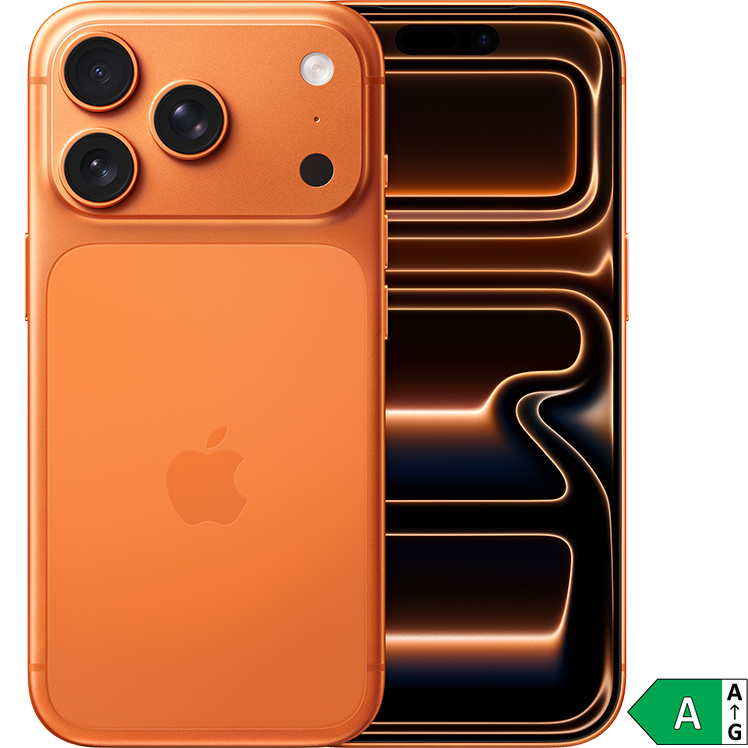Orange iPhone 17 Pro med tre kameror bredvid mobilens framsida med ett abstrakt ljusmönster. Energimärkning A visas i nedre hörnet.
