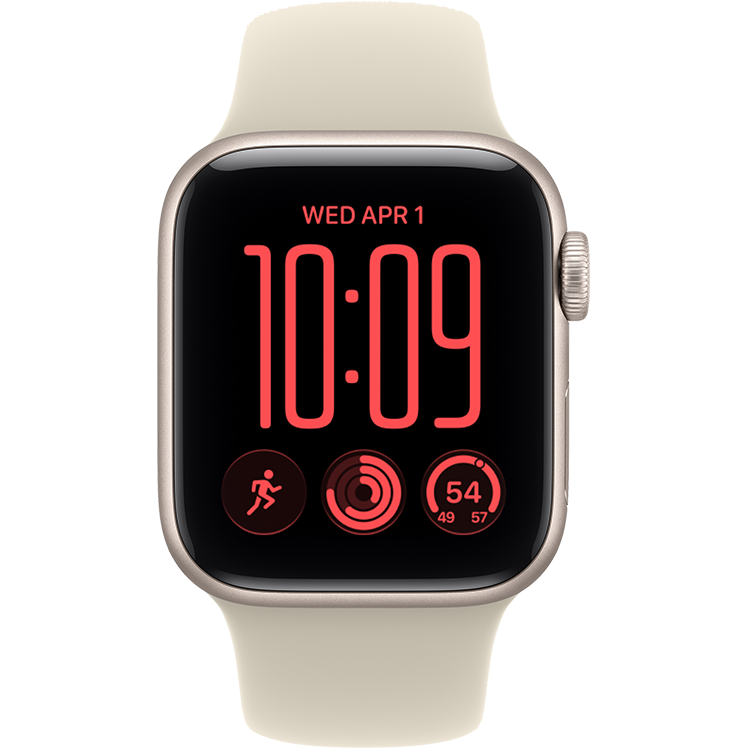 Apple Watch med beige armband och svart urtavla med röd digital tidvisning 10:09, datum ons 1 apr och träningskomplikationer.