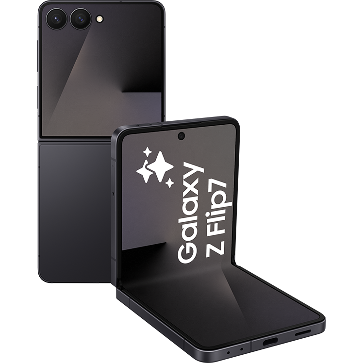 Svart vikbar Samsung Galaxy Z Flip-telefon visad både ihopfälld och uppfälld, med dubbla kameror och logotyp på skärmen.