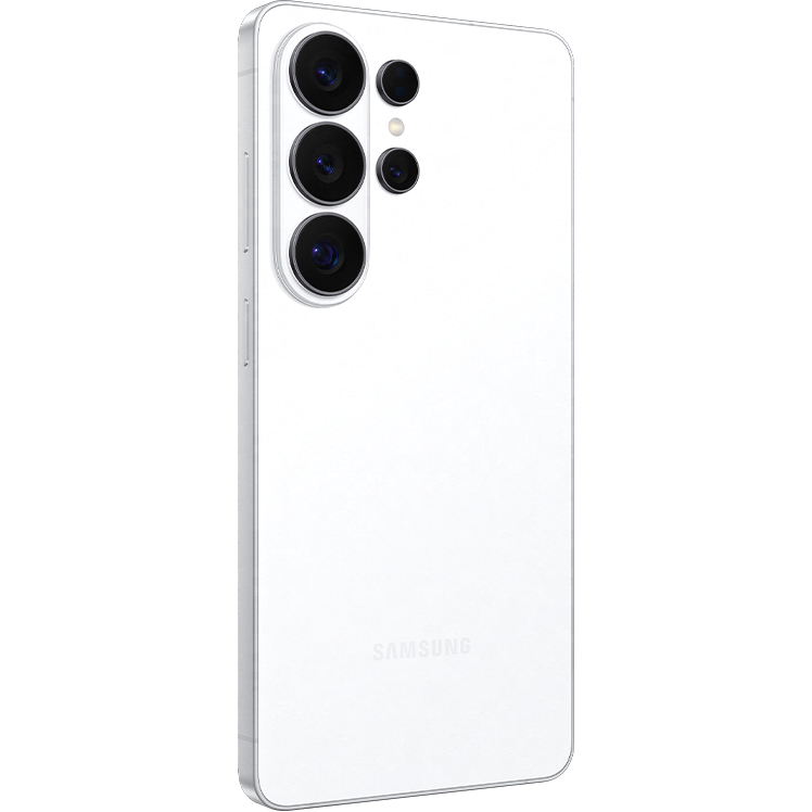 Vit Samsung-smartphone sedd snett bakifrån med fem vertikalt placerade kameralinser i svart på vänster sida.