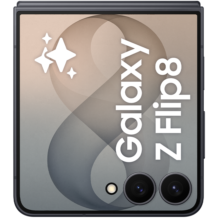 Samsung Galaxy Z Flip6 i svart med omslagsskärm som visar en rosa-orange design med texten Galaxy Z Flip8.