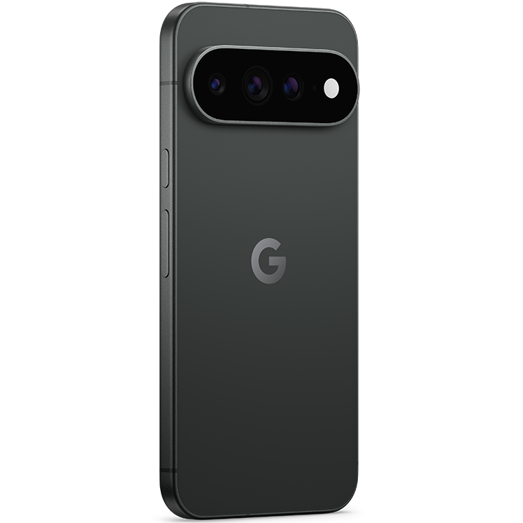Google Pixel 11 Pro XL i svart färg, baksidesvy med trippelkamera och svart ram.