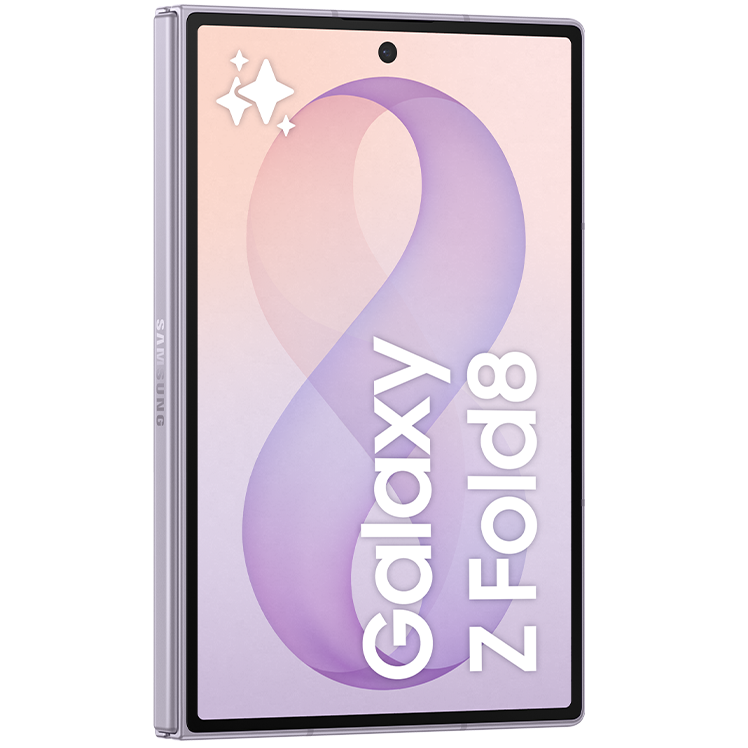 Samsung Galaxy Z Fold8 sedd snett framifrån med mjukt rosa och lila bakgrund och vit text på skärmen.