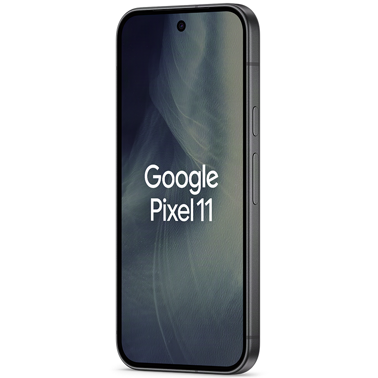 Google Pixel 11 smartphone i svart färg, visad från sidan med en svart naturbakgrund på skärmen.
