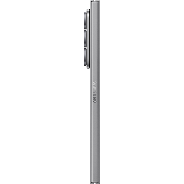 Samsung Galaxy Z Fold7 i silver, visad från sidan i hopfällt läge, med Samsung-logotypen längs kanten.