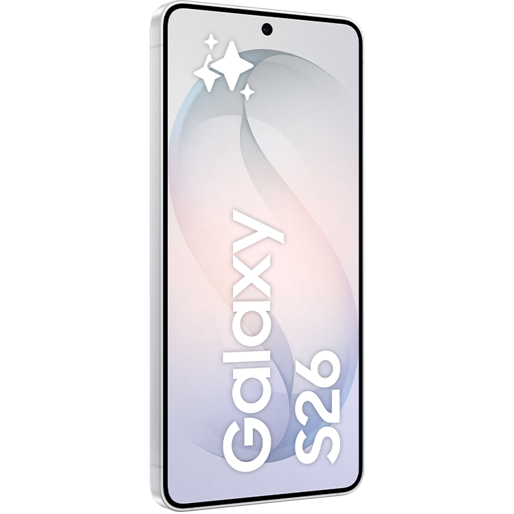 Samsung Galaxy S26 smartphone med pastellfärgad skärm i ljusgrått och rosa med gnistrande stjärnor i övre hörnet.