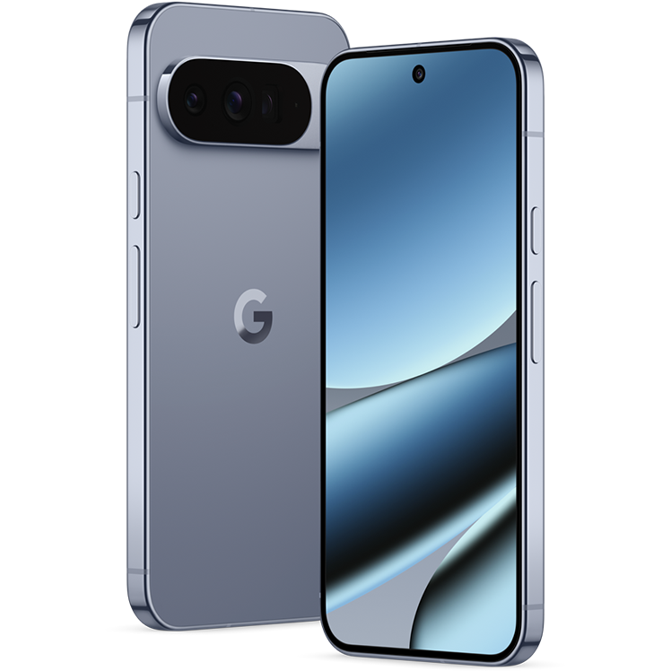 Google Pixel 10 Pro XL i grå färg med trippelkamera och G-logotyp på baksidan, visar abstrakt blå mönster på skärmen.