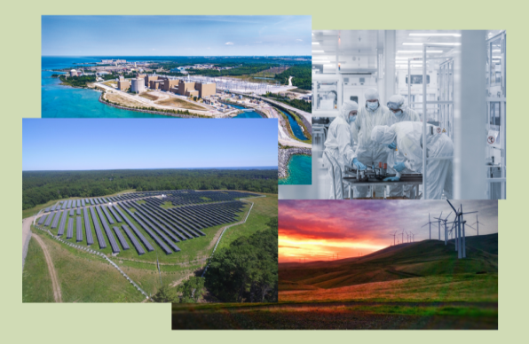 Collage of images including solar panels in sunny field, windmills at sunset, a port docking station, and science lab workers