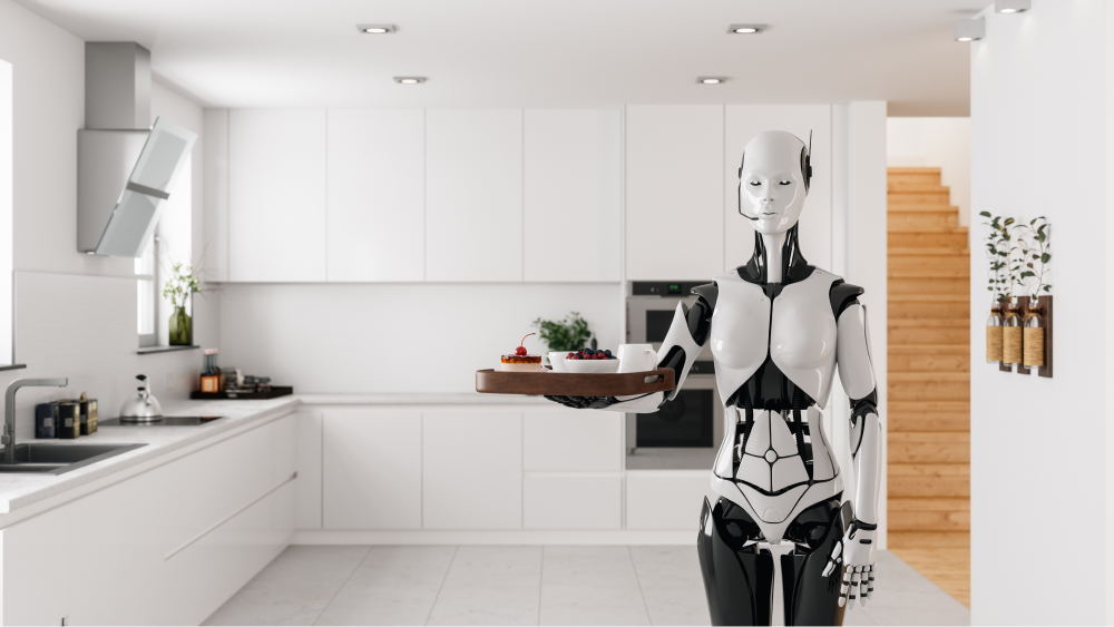 A humanoid robot holding a platter of food in a kitchen