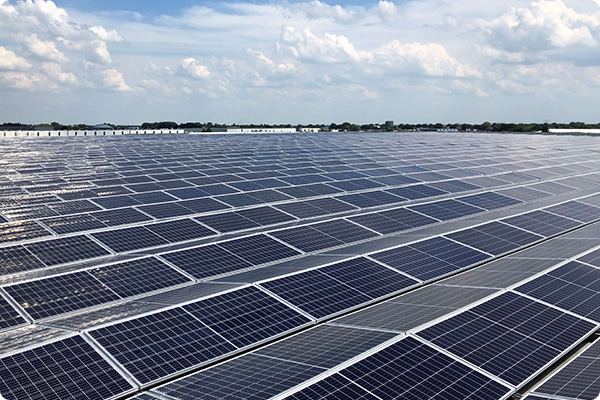 Close up image of solar panels in a field on a sunny day