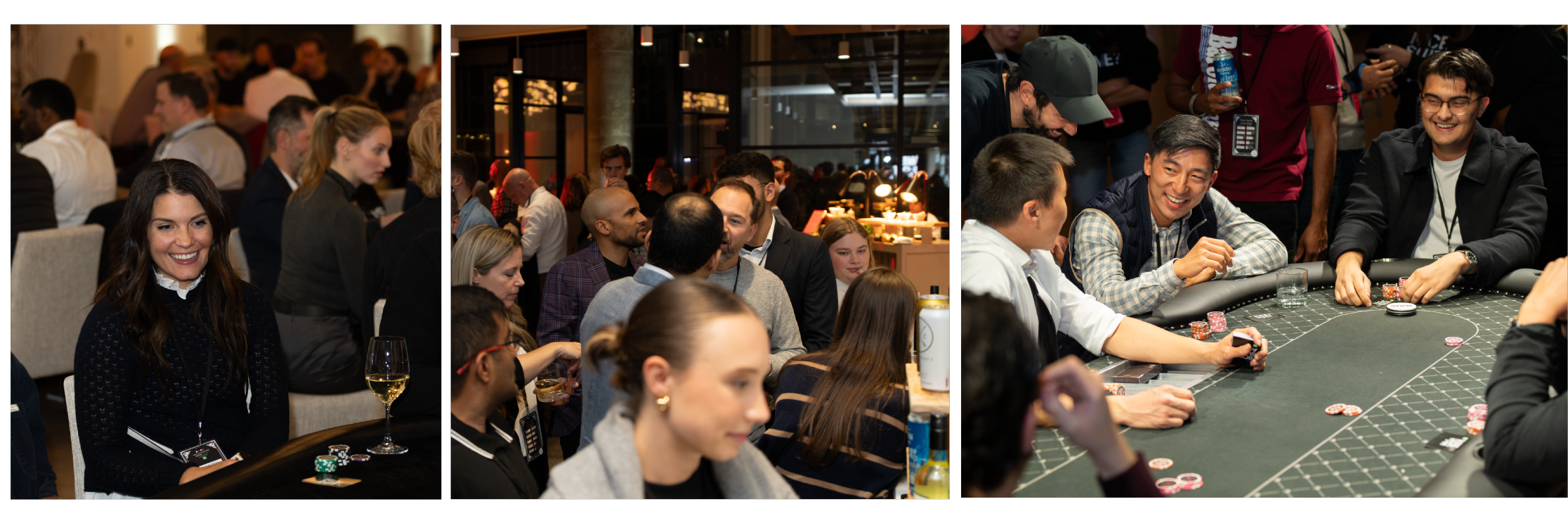 Three photos of men and women at a fundraising event sitting around poker tables.