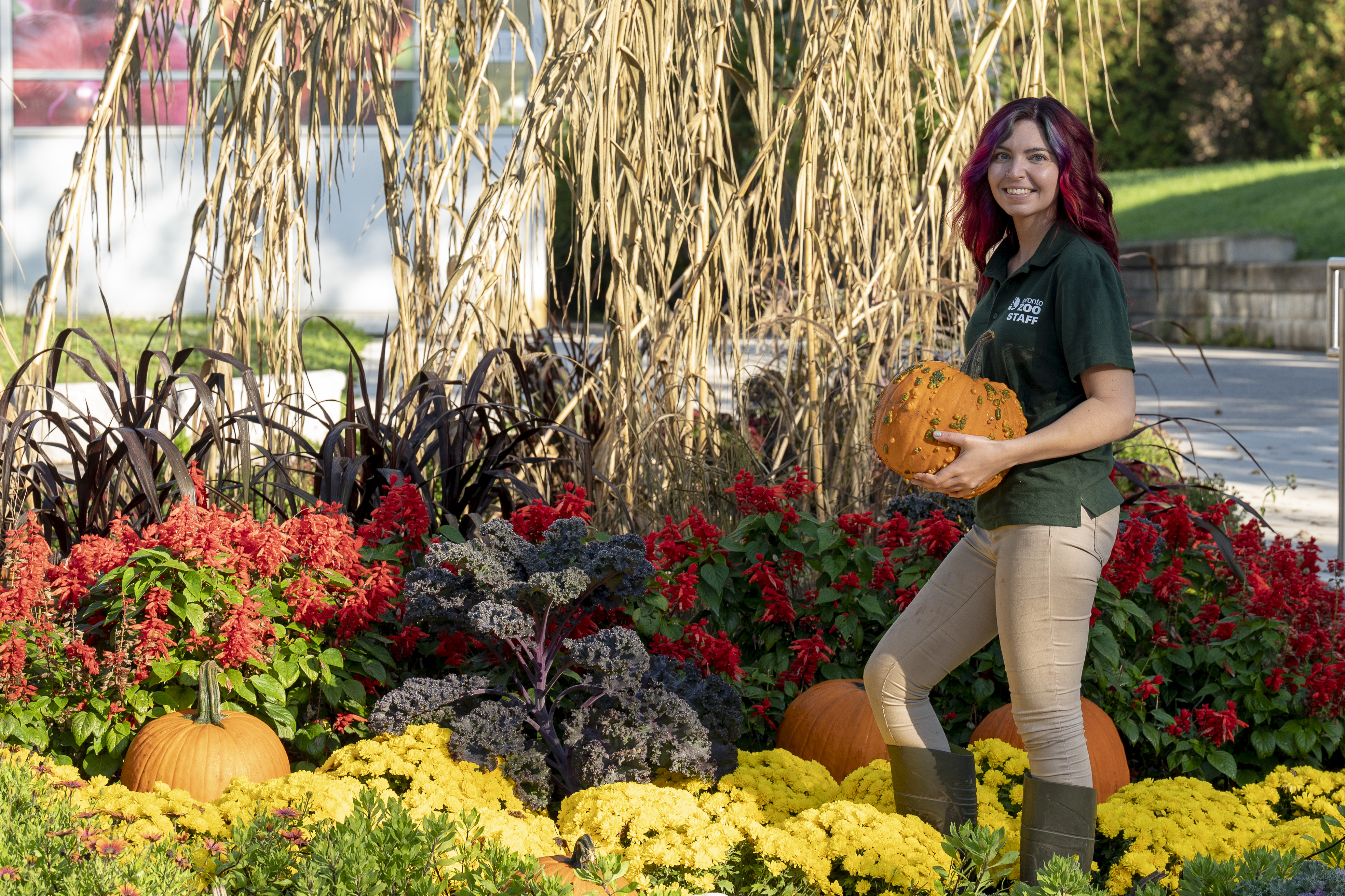 Female Toronto Zoo worker holding a pumpkin in a colourful garden.