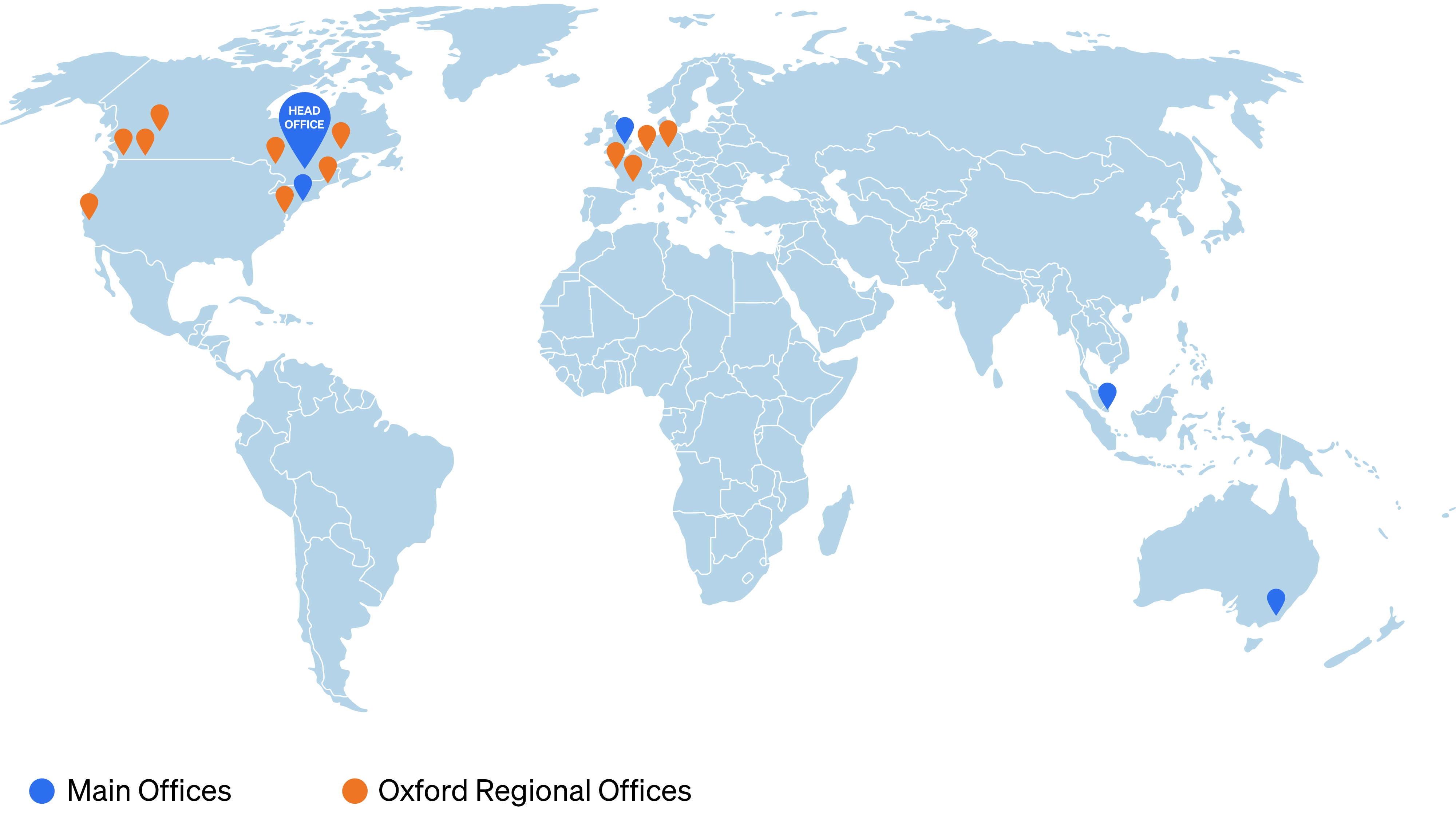 A map with drops showing OMERS office locations