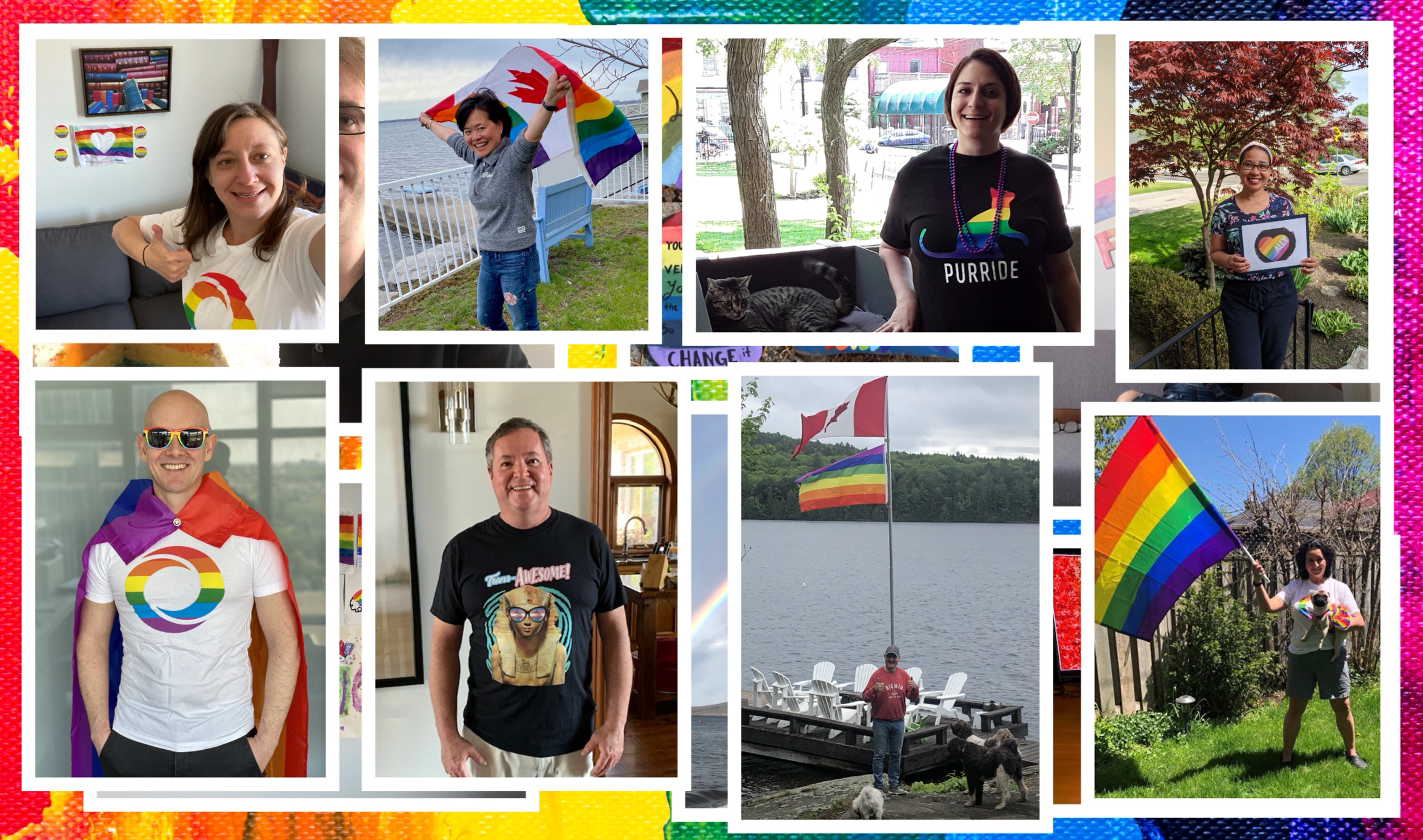 Different of image of people wearing an OMERS shirt with a rainbow O, and others holding/wearing the rainbow flag