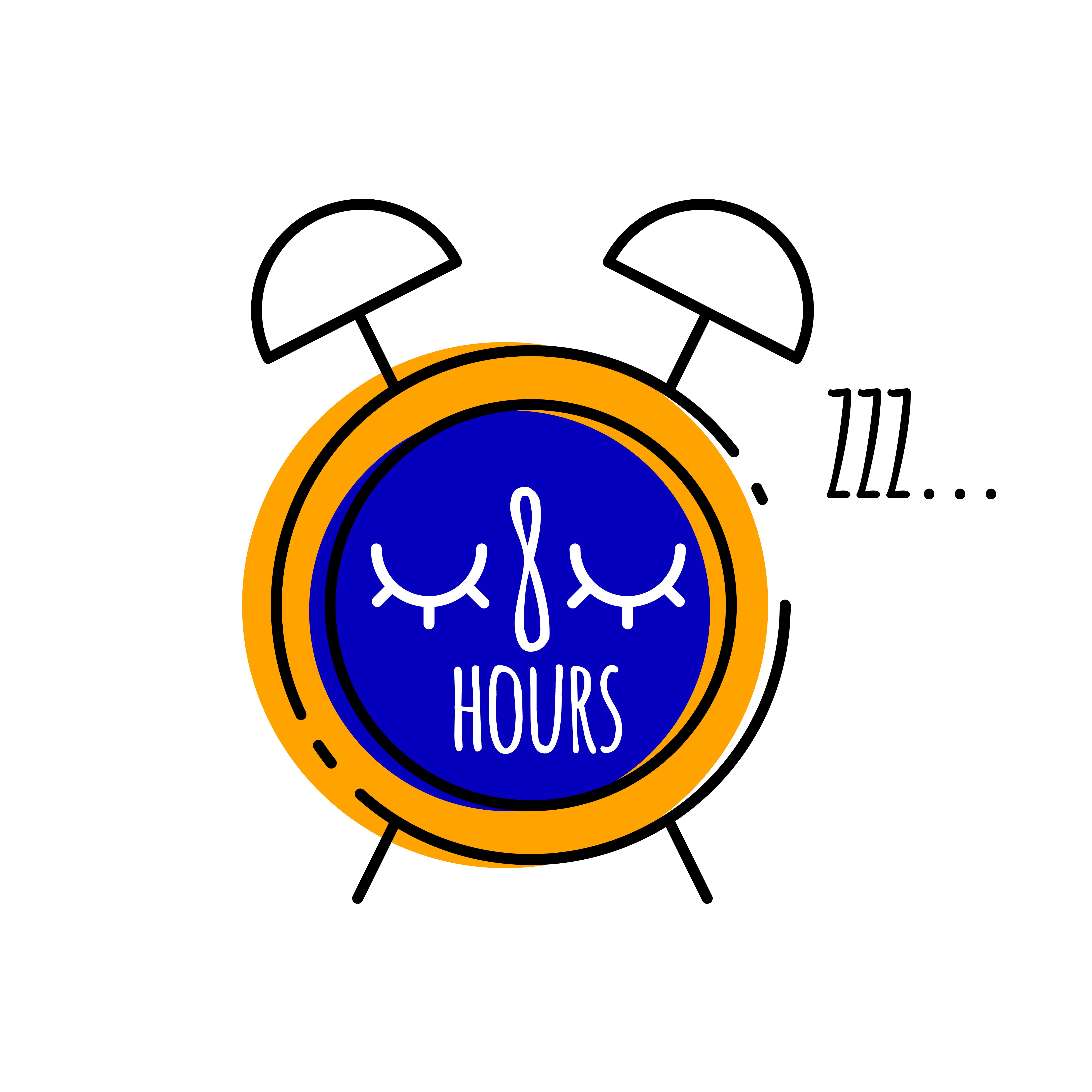 A sketch of an alarm clock with a face on it and the words 'hours'