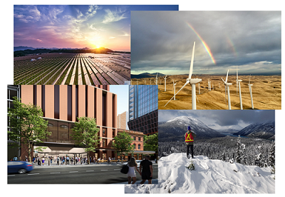 Collage of images including solar panels at sunset, a field of windmills, mountain range, and a green building 