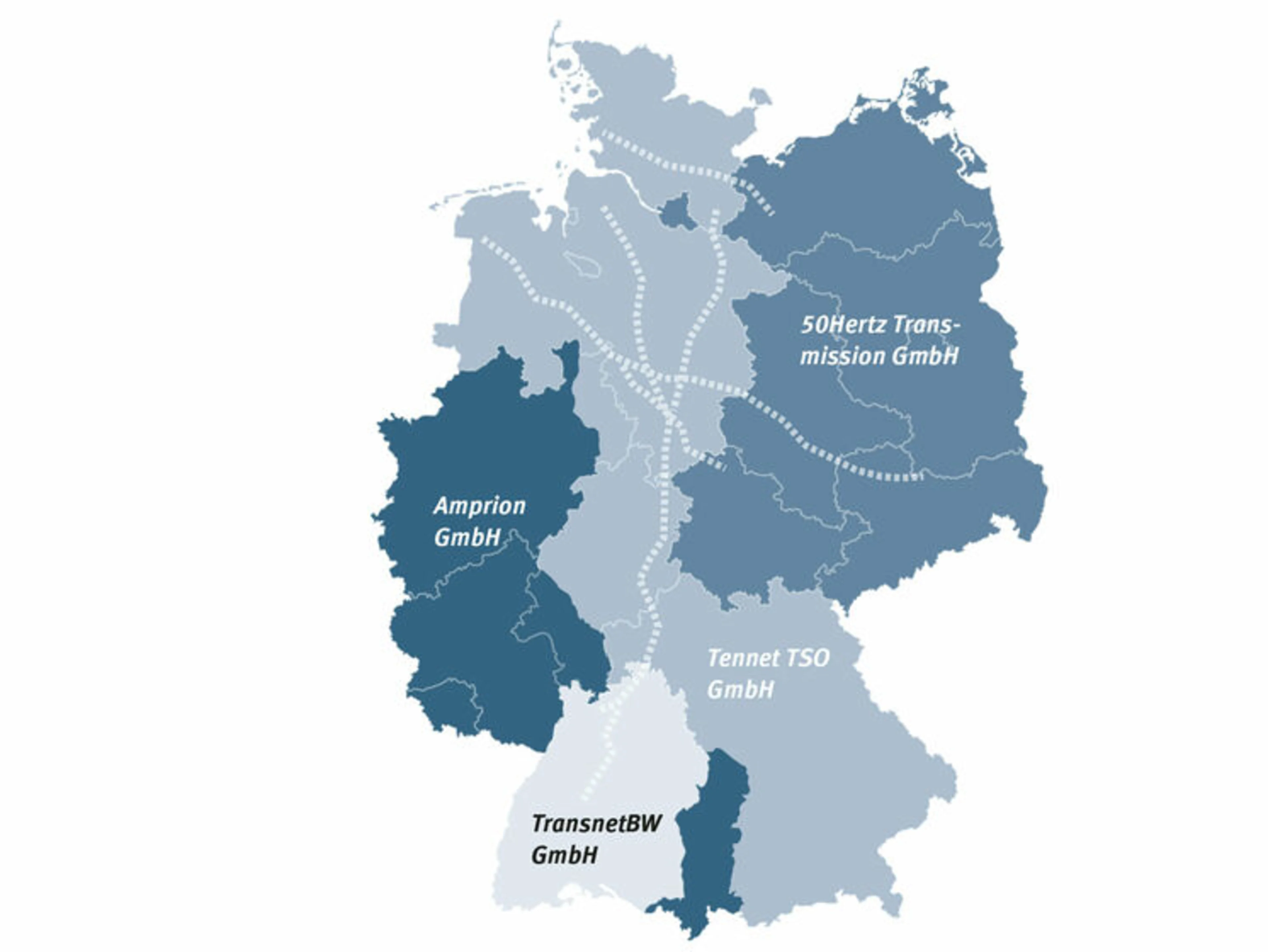 A map with the regions of the four grid operators in Germany