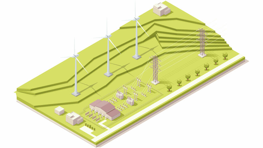 Grafik: Windenergieanlagen nahe eines Umspannwerkes