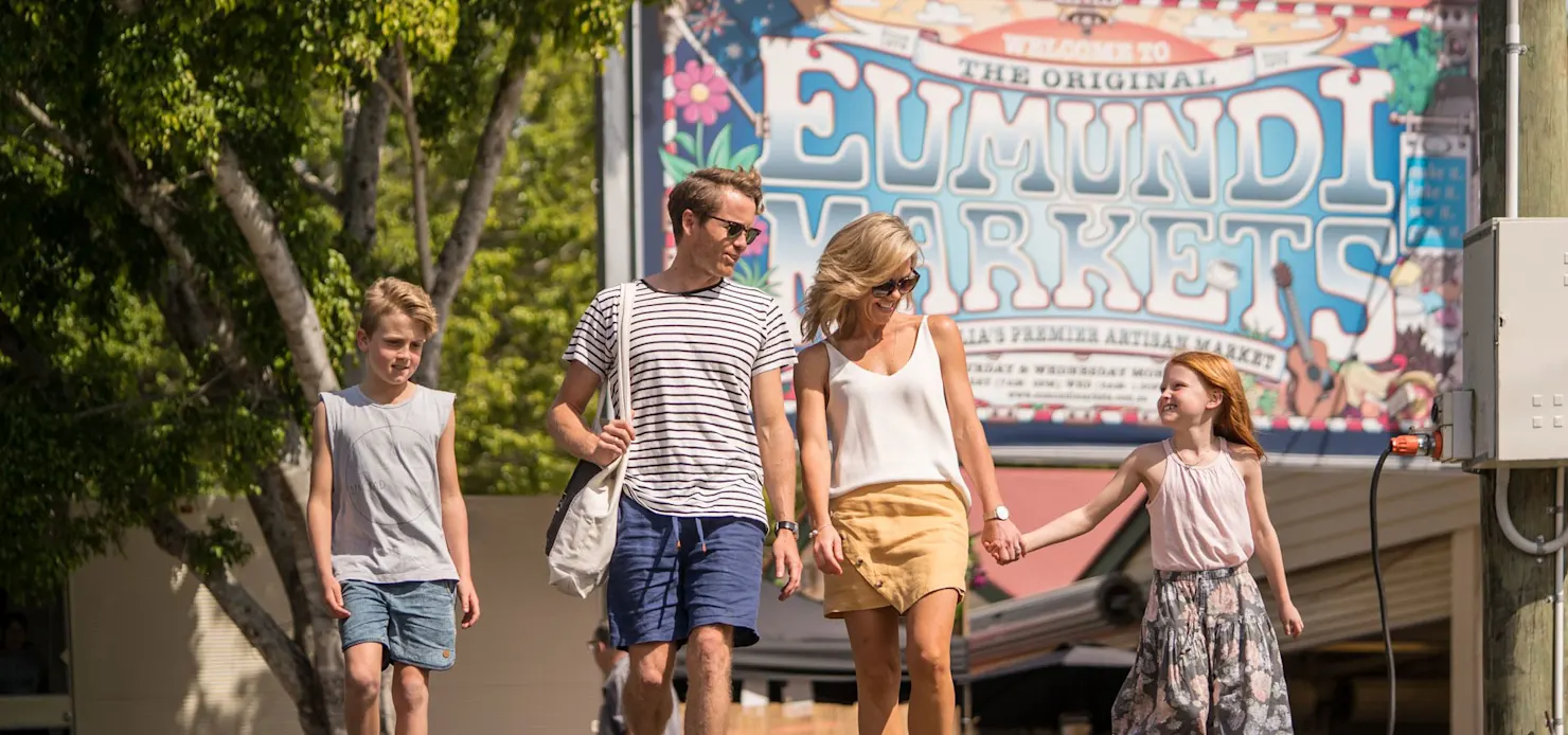 Eumundi markets family walking