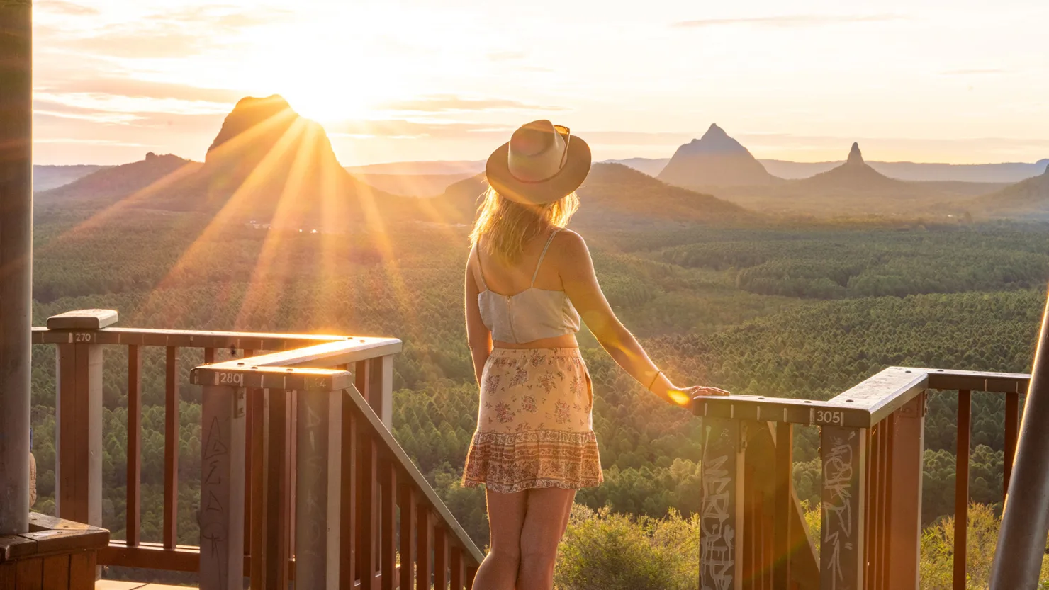 Glass House Mountains Sunset from Wild Horse Mountain Lookout. Credit: All About Adventure