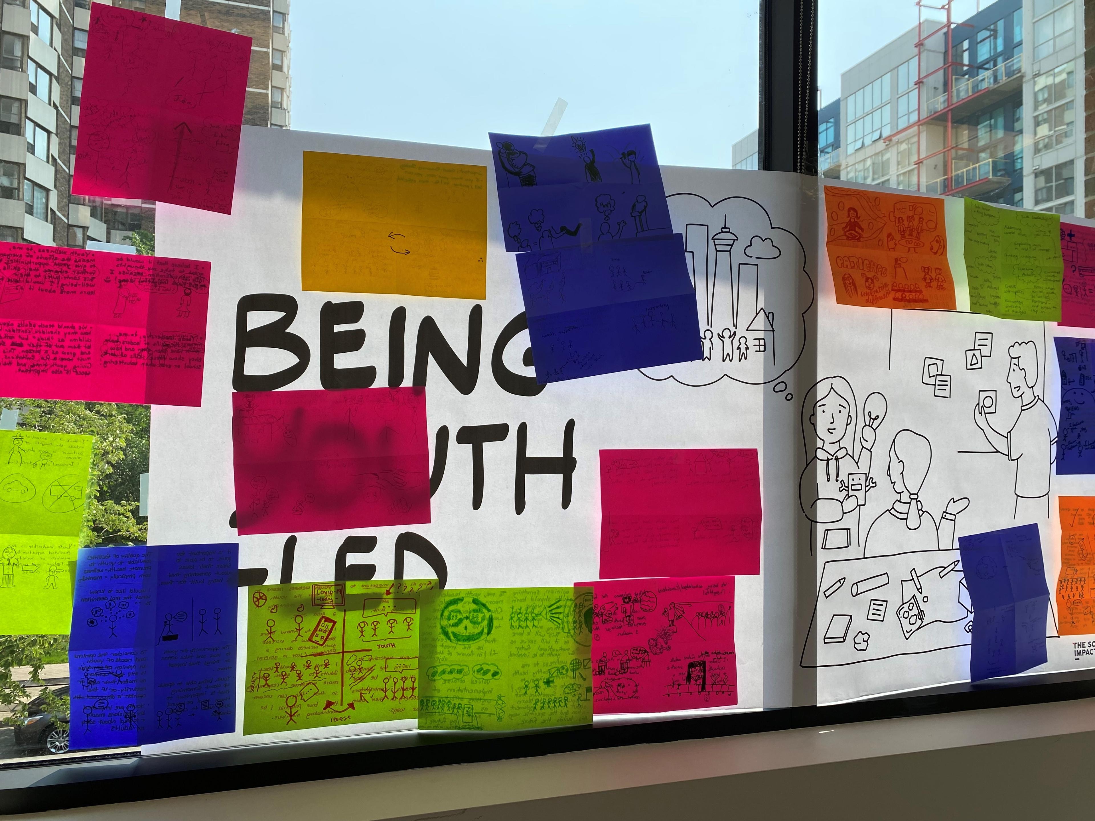Post-its stuck to glass with poster that says "Being Youth Led"
